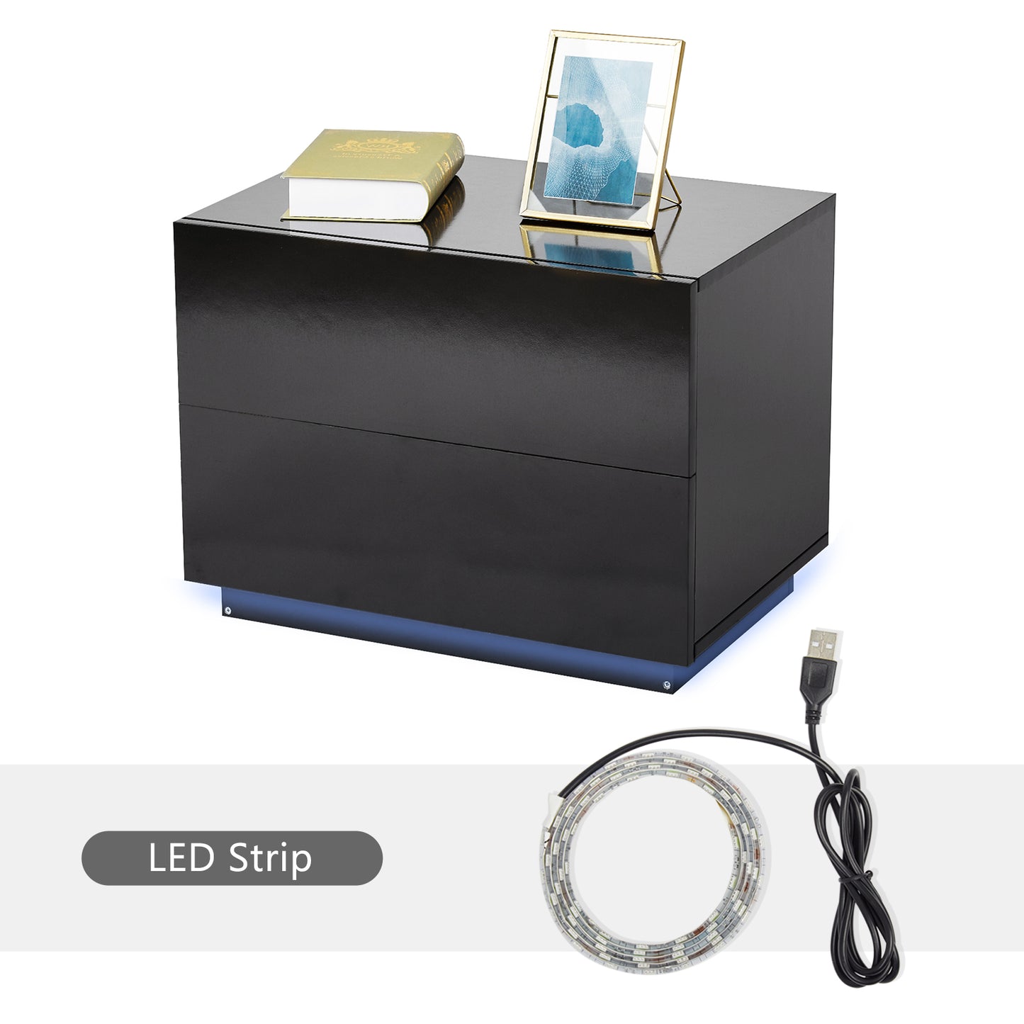 Bedside Table, LED Bedside Cabinet with 2 Drawers High Gloss with USB Light