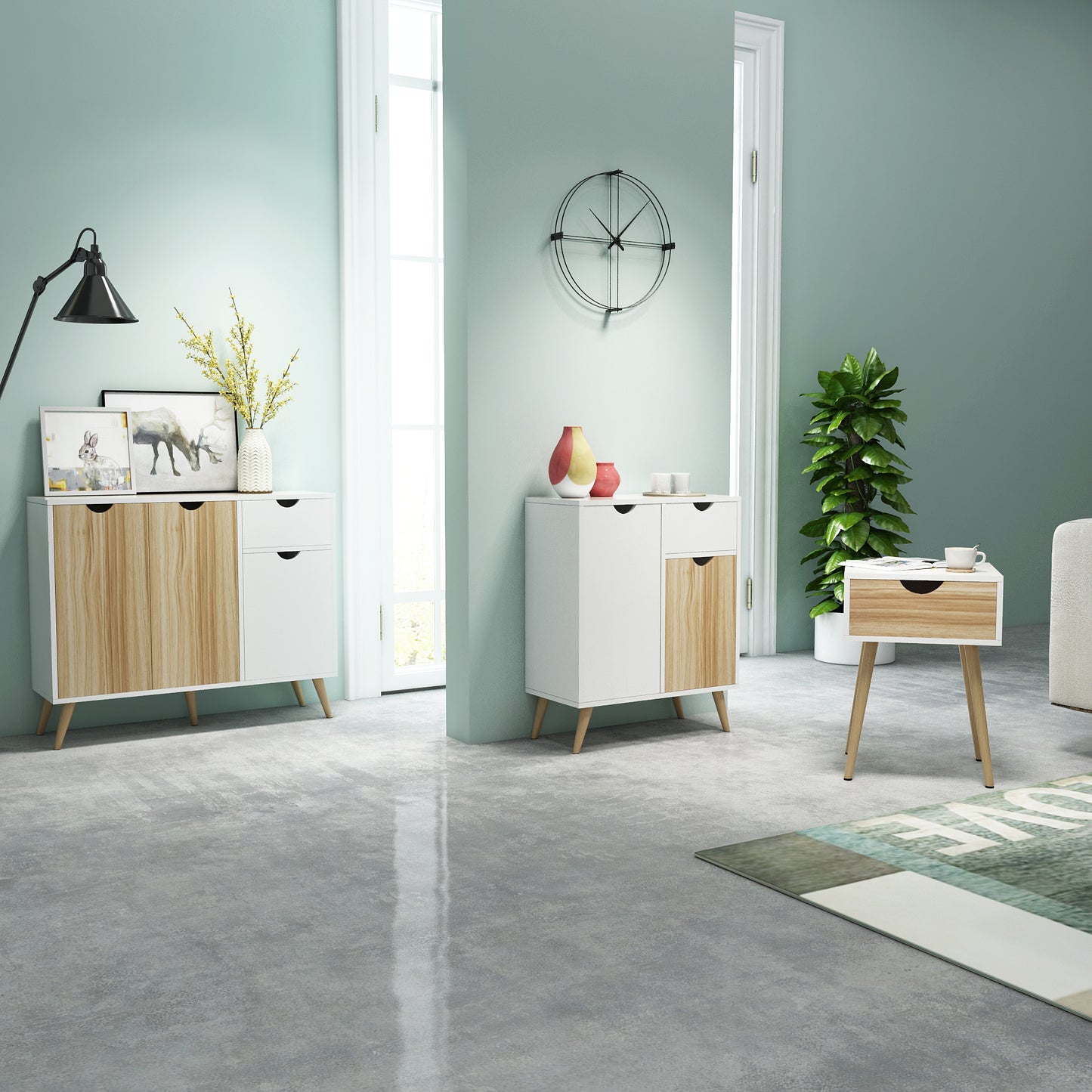 Modern Storage Cabinet, White and Oak Color Matching, Single Drawer