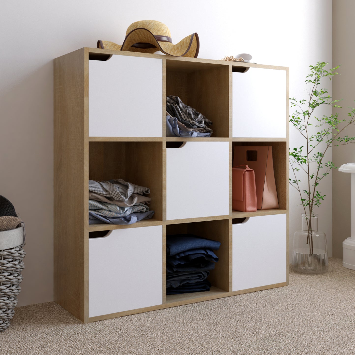 Modern Bookcase, 9 Opening Storage Cubes and Doors