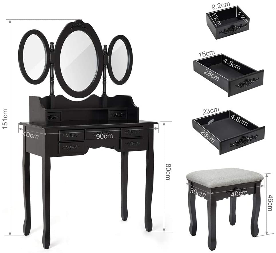 Modern Dressing Table, White Color, with 3 Rotating Mirrors and Stool