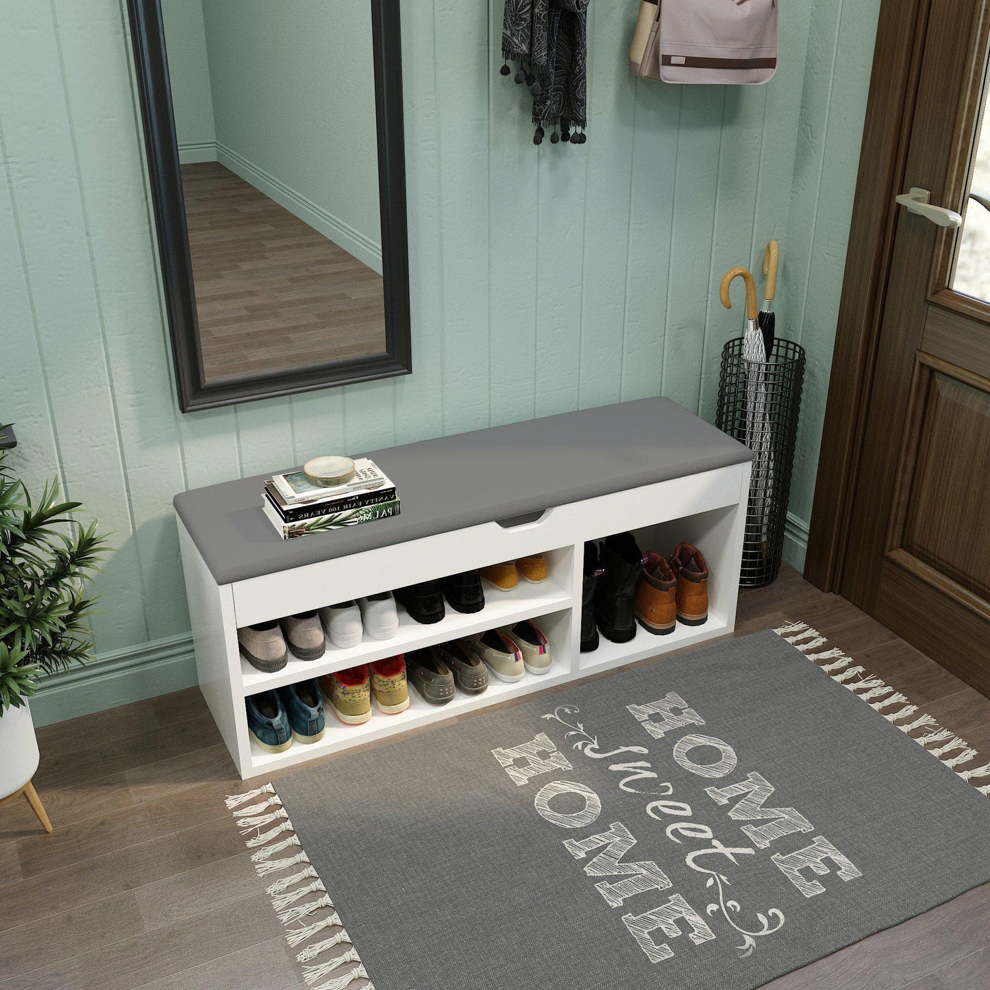 Modern Shoe Bench, Natural Wood Grain/White Color, Organizer Unit