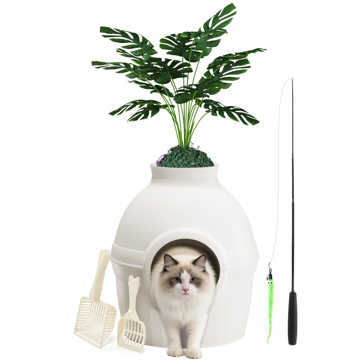 Mondeer Katzenklo mit Deckel und Blumentopf, Katzentoilette Versteckt XXL mit Pflanze, 2 Schaufel, Verstellbarer Katzenspielzeug, für Wohnzimmer Schlafzimmer Ecke,Weiß
