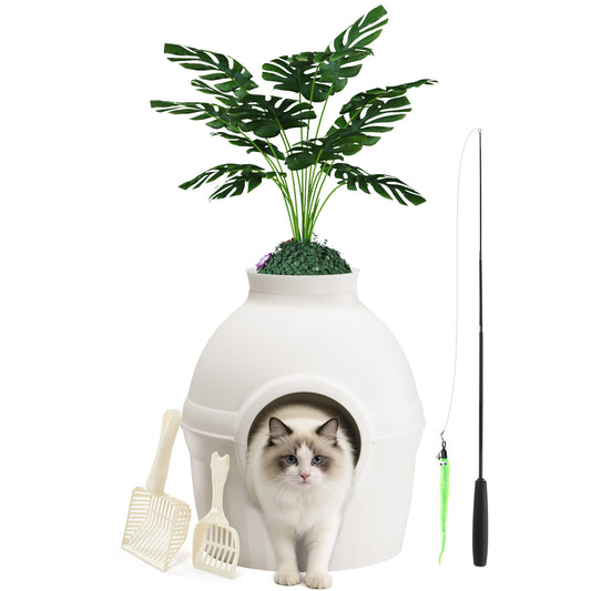 Mondeer Katzenklo mit Deckel und Blumentopf, Katzentoilette Versteckt XXL mit Pflanze, 2 Schaufel, Verstellbarer Katzenspielzeug, für Wohnzimmer Schlafzimmer Ecke,Weiß