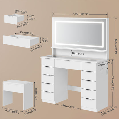 Mondeer Dressing Table with Mirror and Stool, Glass Top Vanity Table with 11 Drawers and Open Storage Shelf, LED Adjustable Brightness, Power Outlet, 140 x 108 x 38 cm