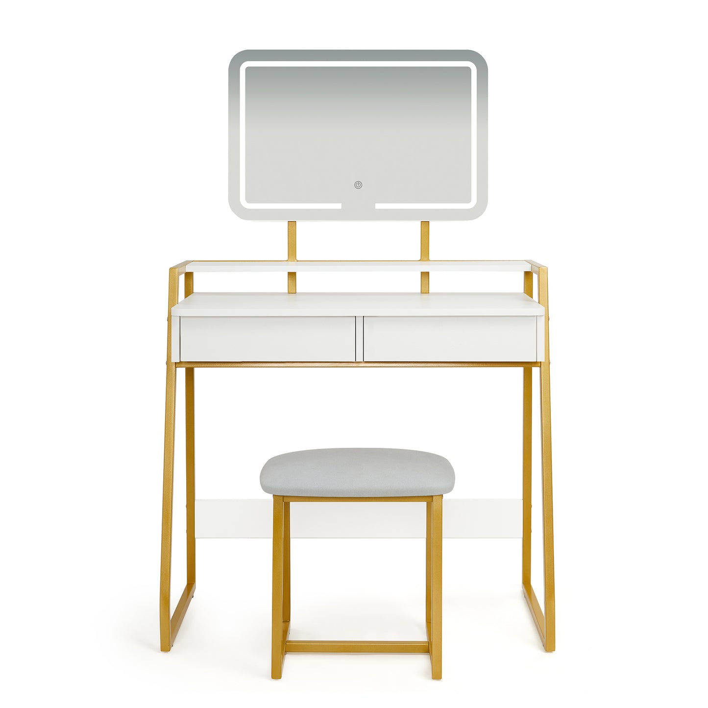 Mondeer Vanity Desk with Lighted Mirror and Cushioned Stool, Makeup Table Set with 3 Color Modes Available for Bedroom, White and Gold
