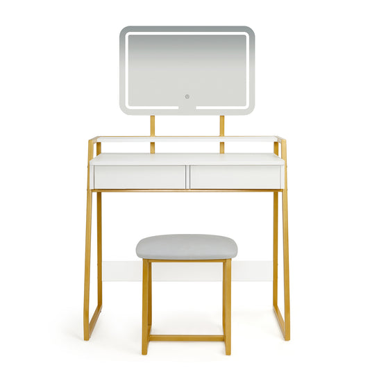 Mondeer Vanity Desk with Lighted Mirror and Cushioned Stool, Makeup Table Set with 3 Color Modes Available for Bedroom, White and Gold