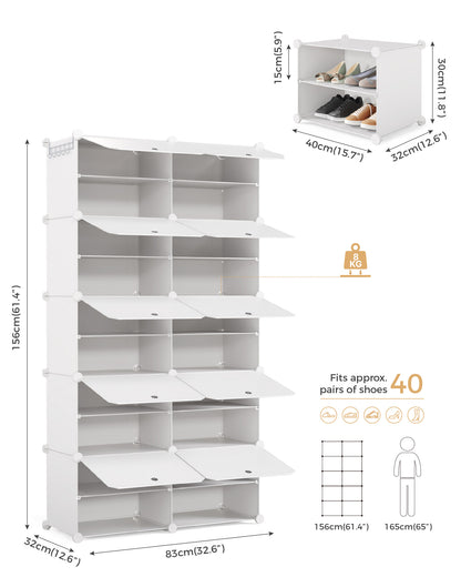 Mondeer Shoe Storage Cabinet, 2 x 10 Tier Modular Plastic Shoe Rack for 40 Pairs Shoes, Cube Shoe Organizer with Removable Shelf and Hooks, for Hallway Entryway Closet, White