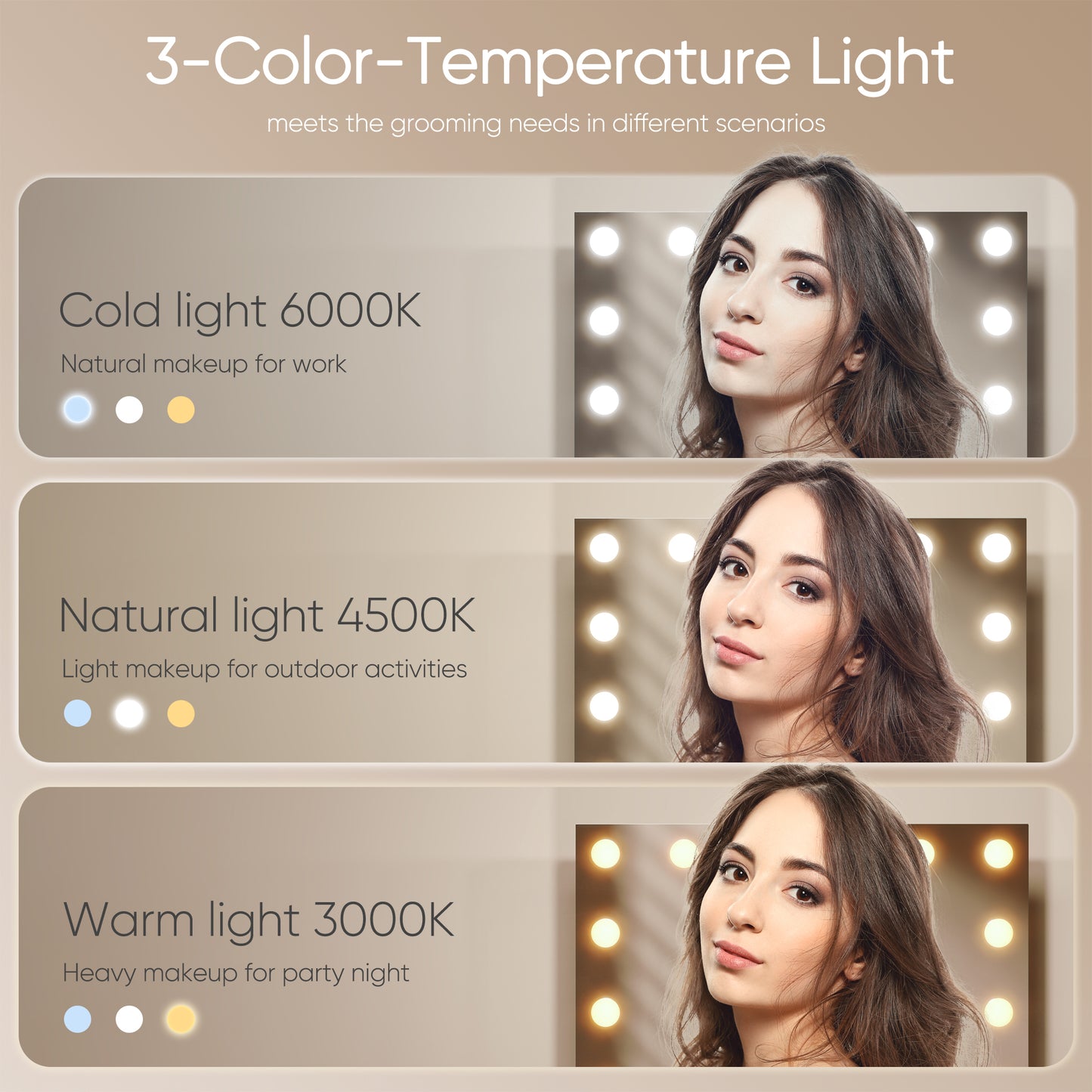 Mondeer Hollywood Vanity Mirror with Lights, 60x50cm Large Makeup Mirror with 14 Dimmable Led Bulbs, 3 Color Modes, Type C and USB Output Port, Tabletop and Wall Mounted Makeup Mirror for Bedroom