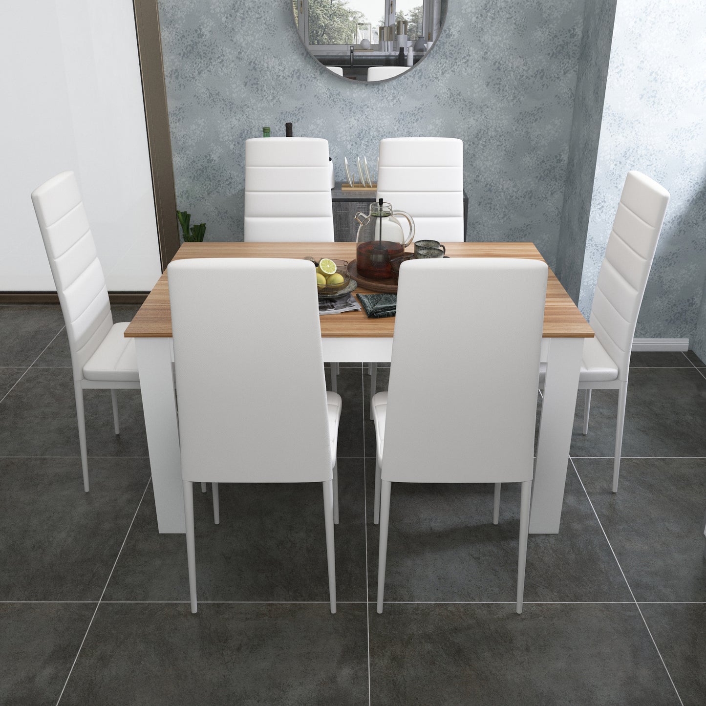 Mondeer Dining Table and Chairs Set 6, 7 Pieces Kitchen Table Set with High Back Faux Leather Chair for Dining Room Kitchen Rectangular Modern (Oak Table White Chairs)