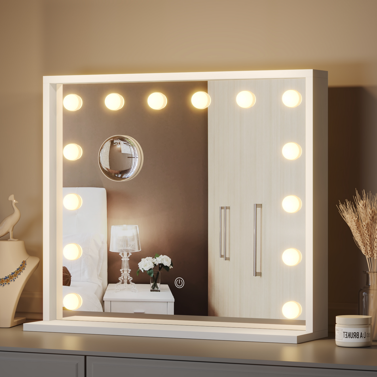 Mondeer Hollywood Vanity Mirror with Lights, 60x50cm Large Illuminated Makeup Mirror with 14 Dimmable Led Bulbs, 3 Color Lighting Modes, Touch Screen Control, Dressing Table Mirror for Bedroom