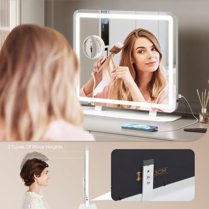 Mondeer Hollywood Vanity Mirror with Lights, 60x50cm Large Makeup Mirror, 3 Color Lighting Modes, Type C and USB Output Port, Tabletop and Wall Mounted Makeup Mirror for Bedroom