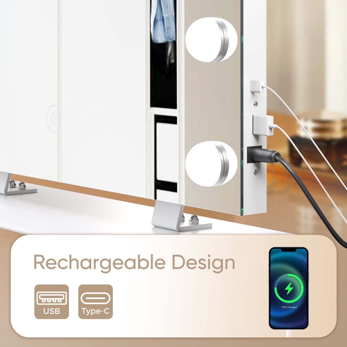 Mondeer Hollywood Vanity Mirror with Lights, 60x50cm Large Makeup Mirror with 14 Dimmable Led Bulbs, 3 Color Modes, Type C and USB Output Port, Tabletop and Wall Mounted Makeup Mirror for Bedroom