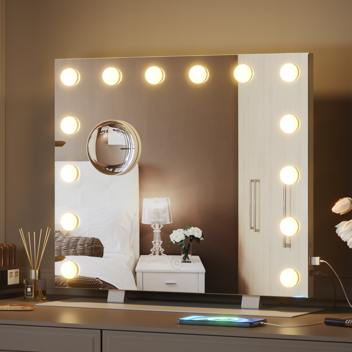 Mondeer Hollywood Vanity Mirror with Lights, 60x50cm Large Makeup Mirror with 14 Dimmable Led Bulbs, 3 Color Modes, Type C and USB Output Port, Tabletop and Wall Mounted Makeup Mirror for Bedroom