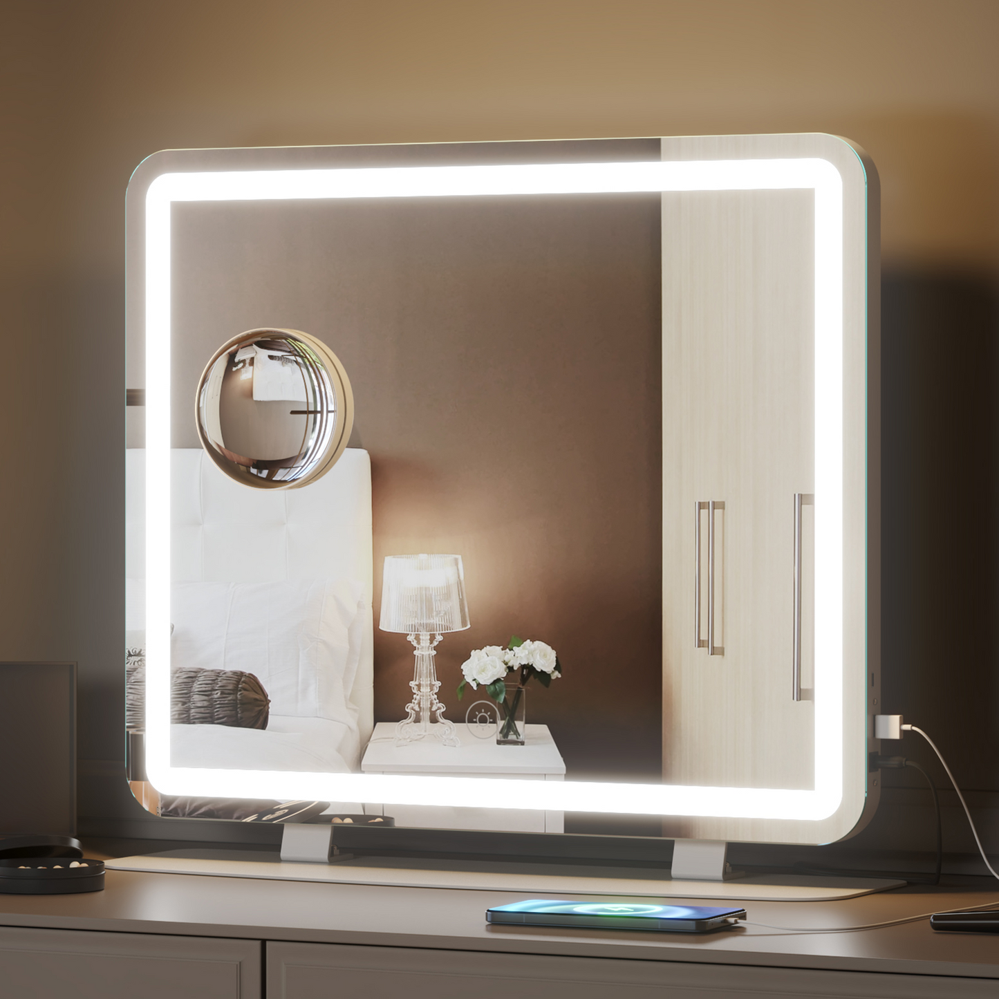 Mondeer Hollywood Vanity Mirror with Lights, 60x50cm Large Makeup Mirror, 3 Color Lighting Modes, Type C and USB Output Port, Tabletop and Wall Mounted Makeup Mirror for Bedroom