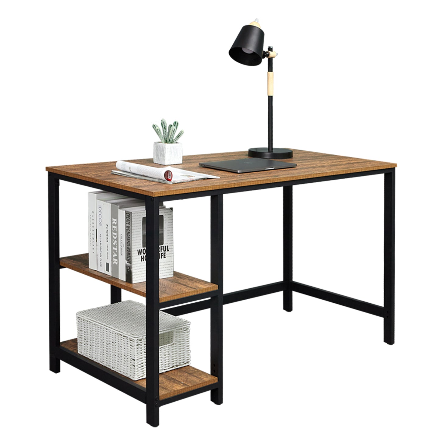 Retro Industrial Computer Table for Home Office, with Open Storage Spaces