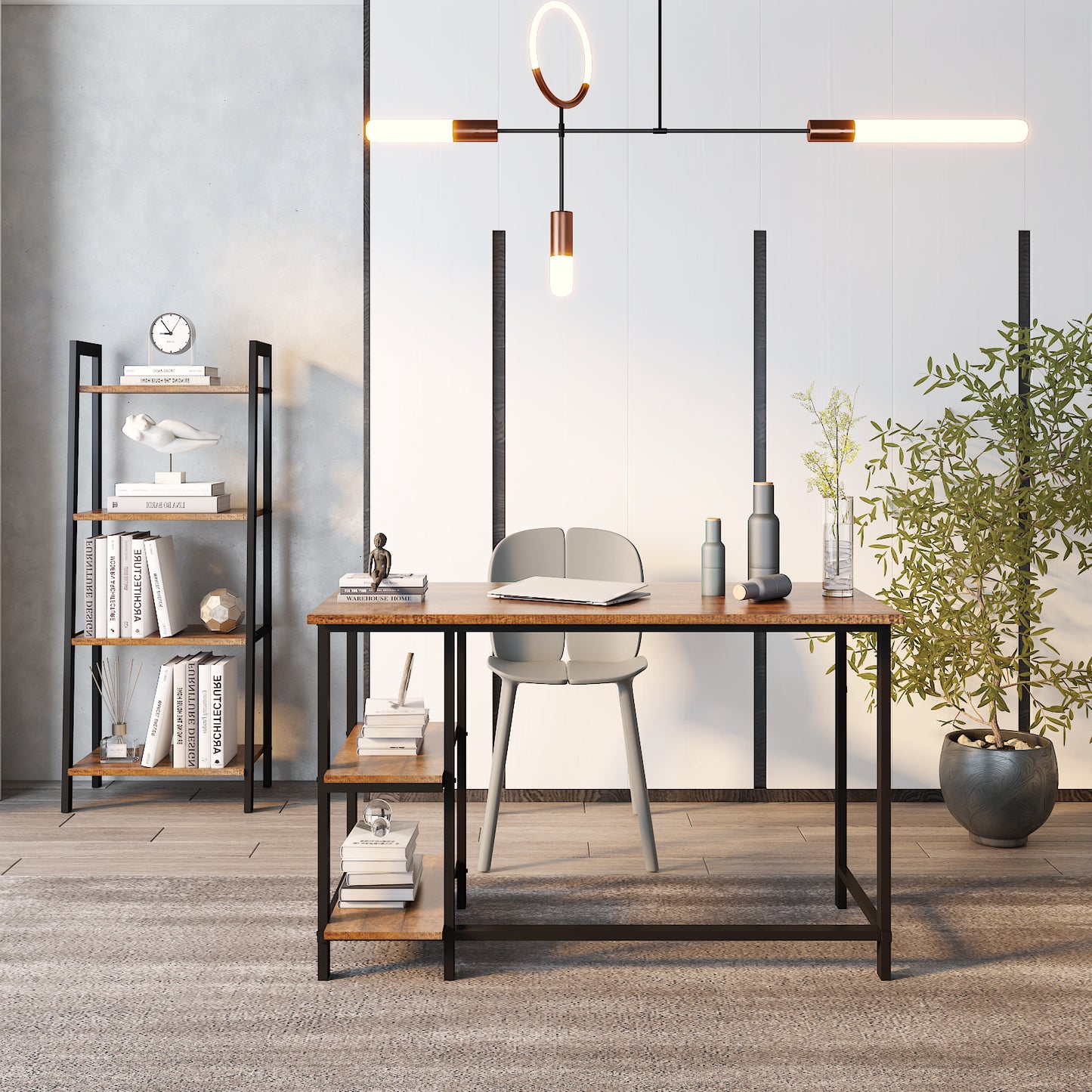 Retro Industrial Computer Table for Home Office, with Open Storage Spaces