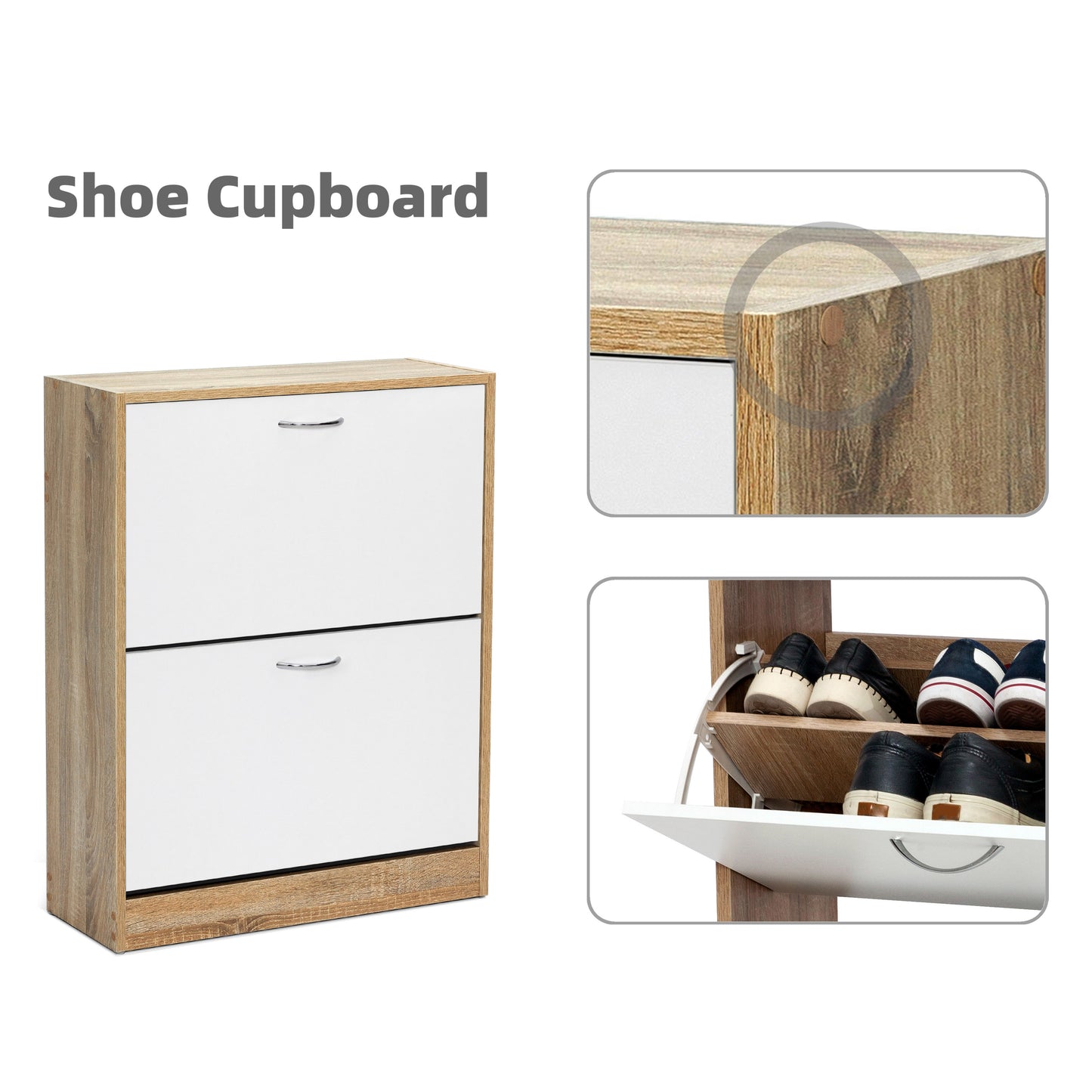 Modern Shoe Rack, Natural Wood Grain/White Color, 2 Drawer Flaps