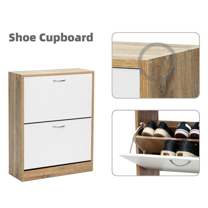 Modern Shoe Rack, Natural Wood Grain/White Color, 2 Drawer Flaps