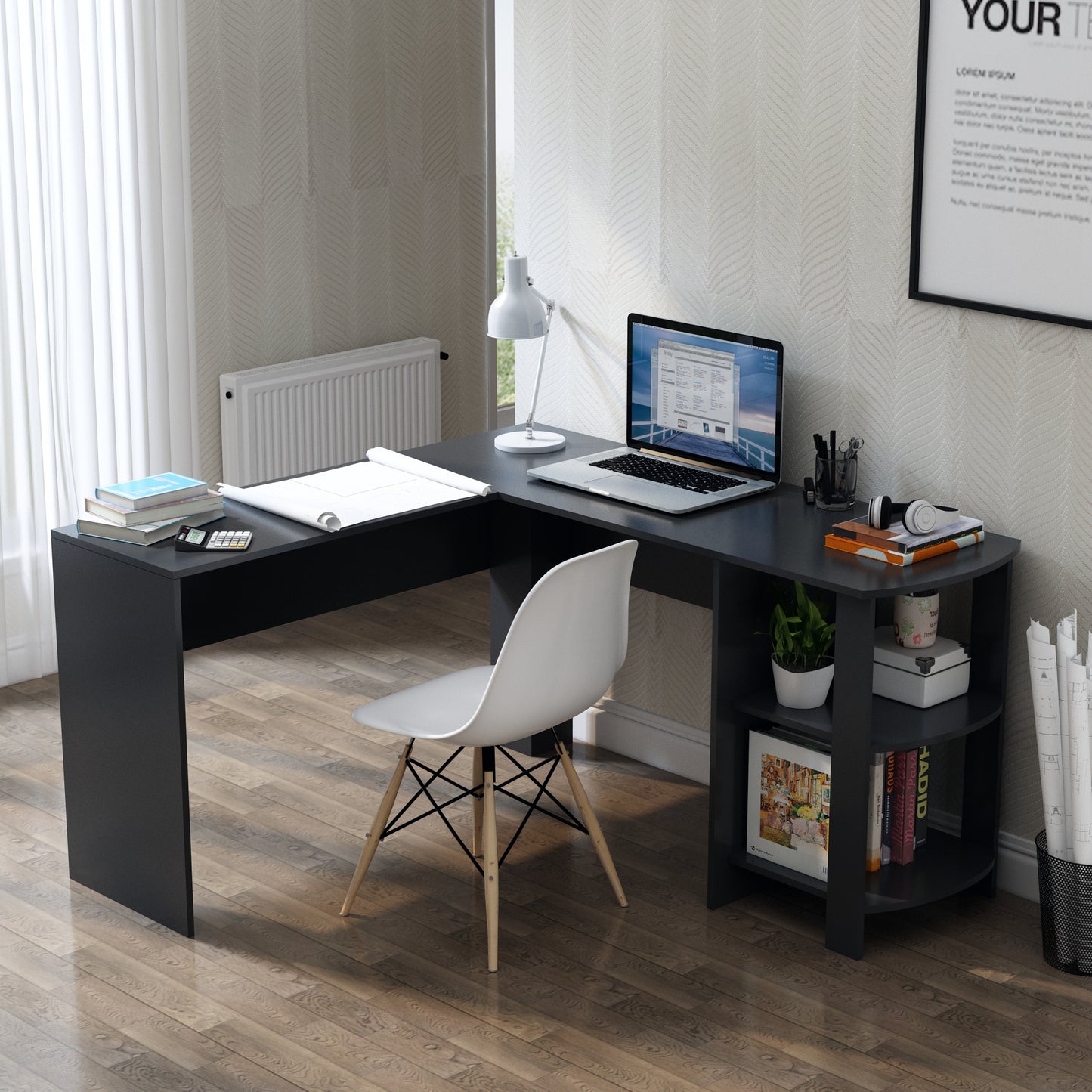 Black L-shaped Computer Corner Desk, with 2 Storage Shelves