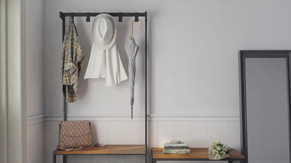 Hall Tree with Storage Bench, Equipped with Extra Two-layer Iron Mesh