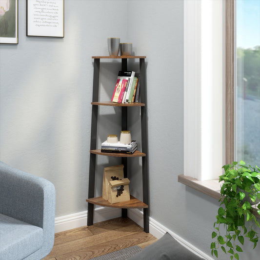 Corner Ladder Shelf, Antique Wood Grain Color, Four-layer Open Design