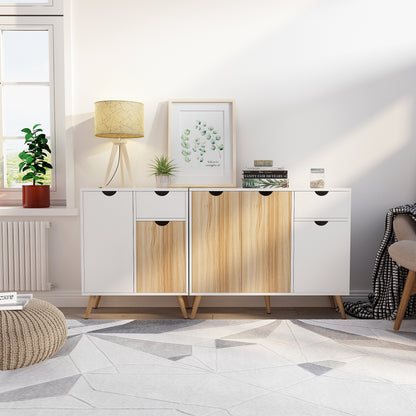 Modern Storage Cabinet, White and Oak Color Matching, 3 Doors and Single Drawer