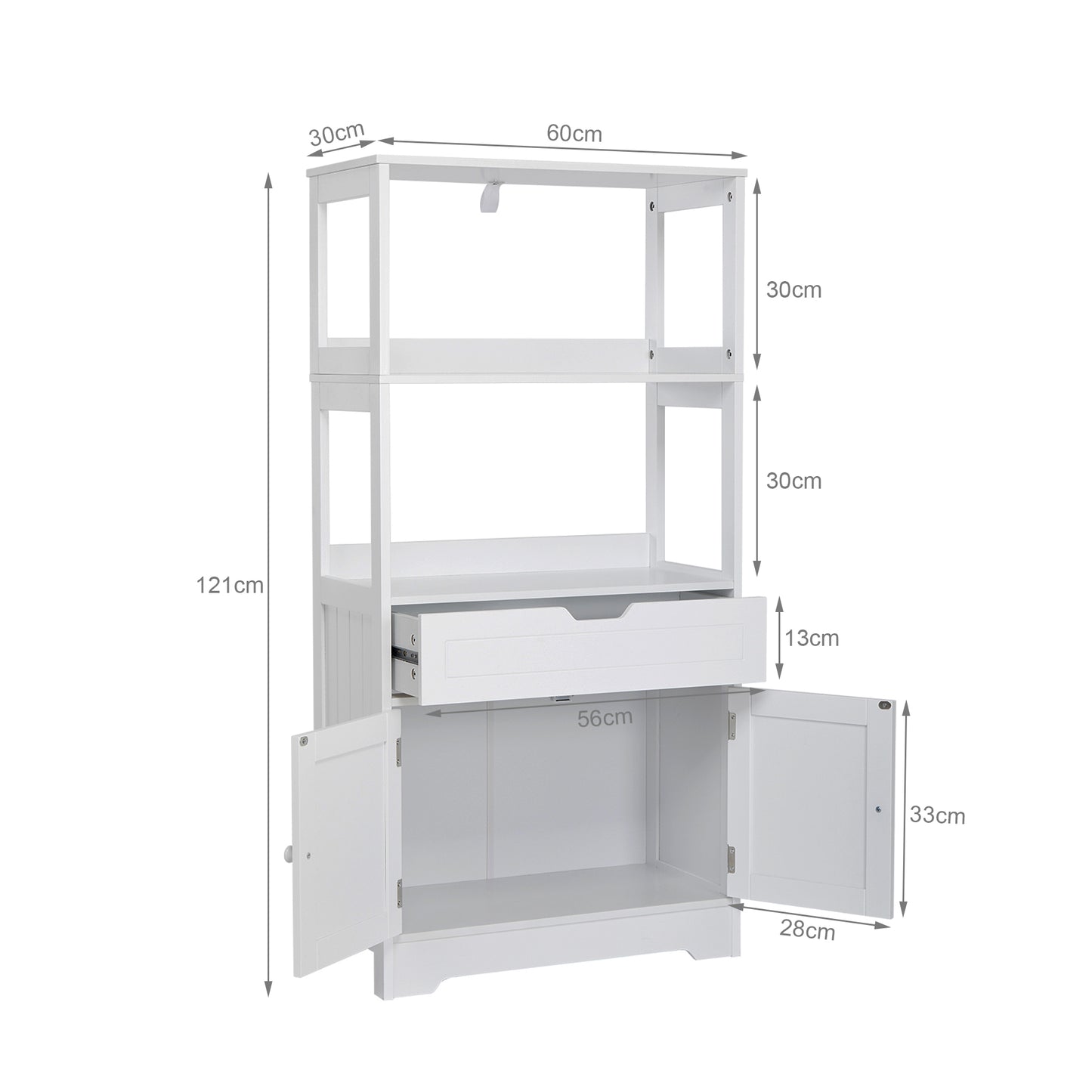 Simple Bathroom Cabinet, White Color, The Upper Open Space, Single Drawer and Door
