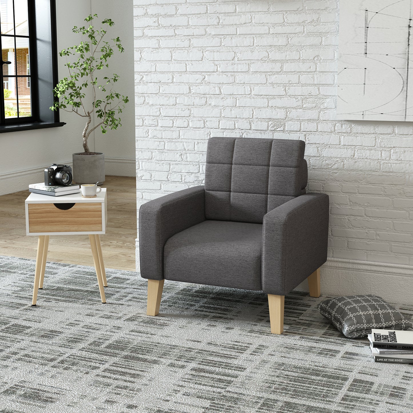 Modern Armchair, Dark Grey Color, Solid Wood Frame Inside