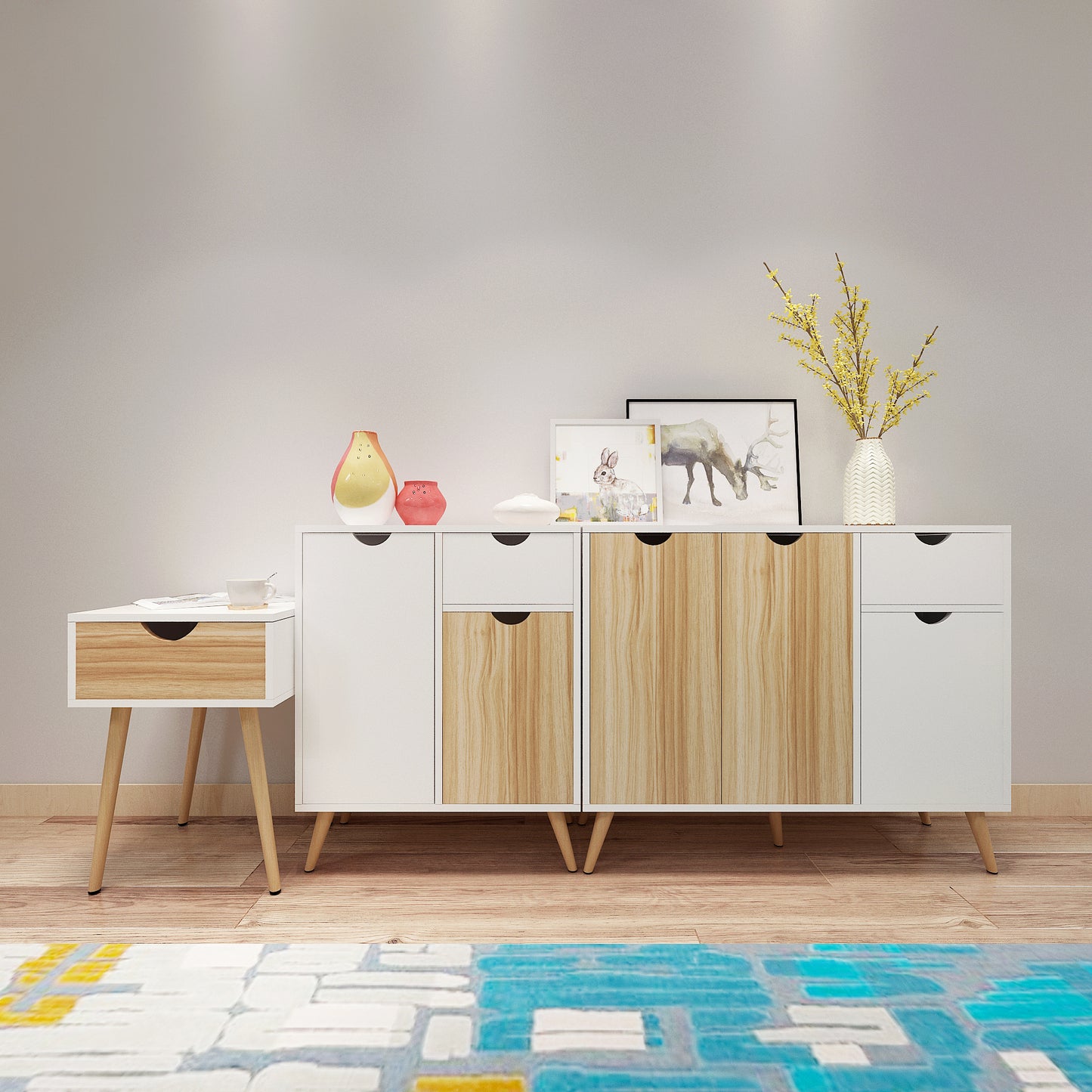 Modern Storage Cabinet, White and Oak Color Matching, Single Drawer
