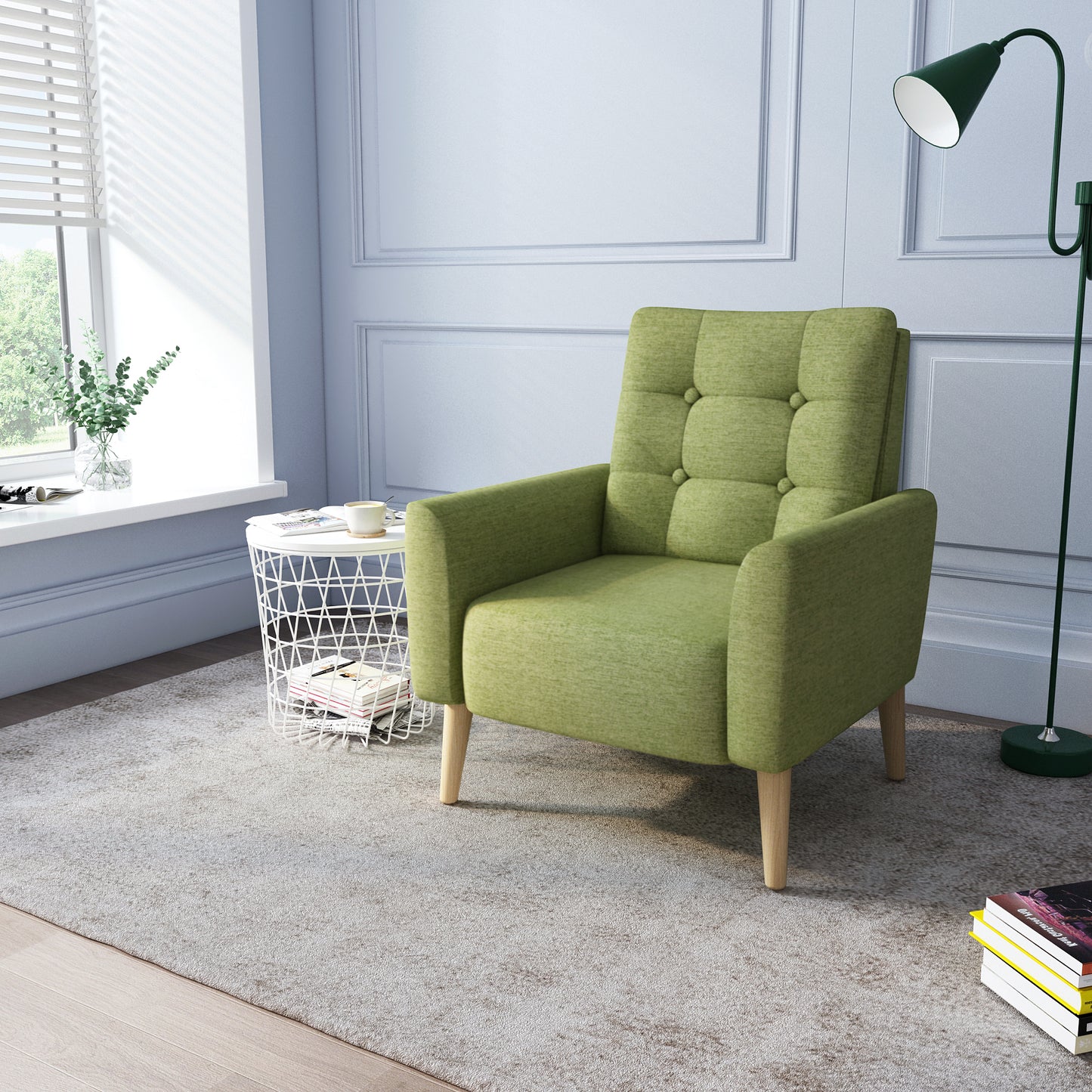 Style Armchair, Grass Green/Lemon Yellow Color, Solid Wood Legs