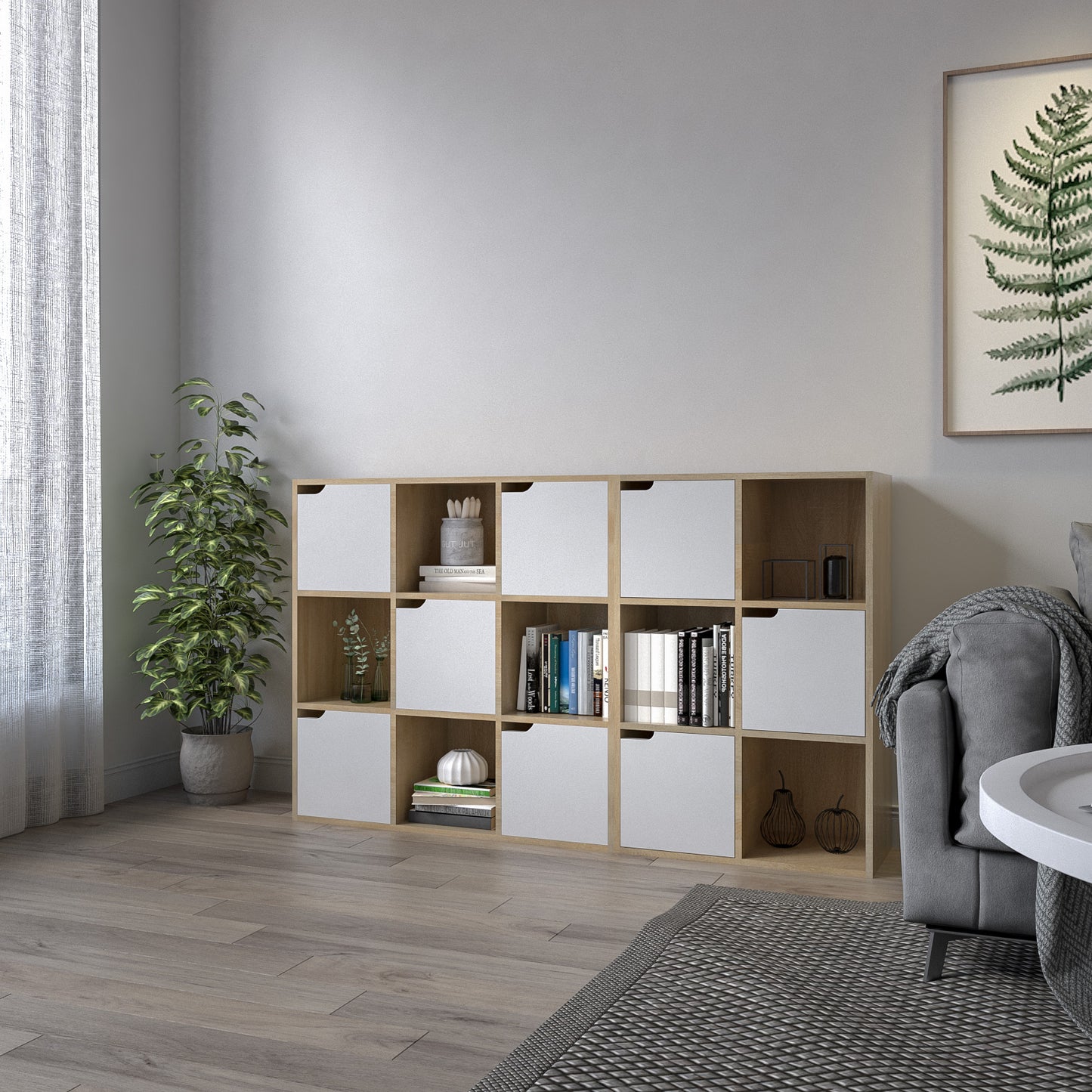 Bookcase,  White and Wood, Six Compartments with Three Doors