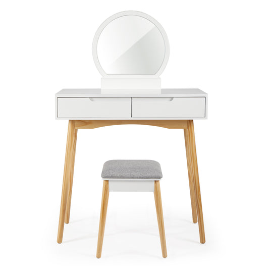 Dressing Table, White Color, with Round Mirror and Stool