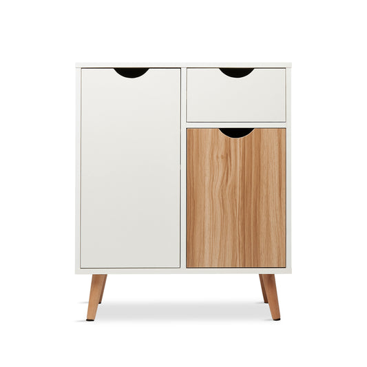 Modern Storage Cabinet, White and Oak Color Matching, 2 Doors and Single Drawer