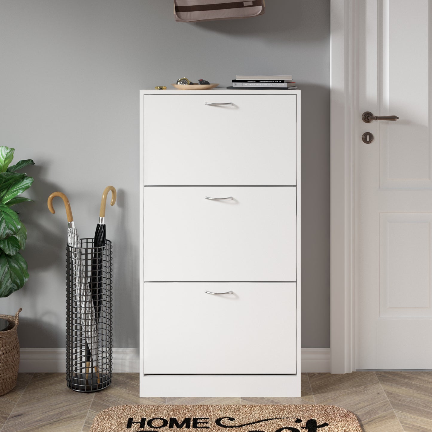 Modern Shoe Rack, Brown/Natural/White Color, 3 Drawer Flaps