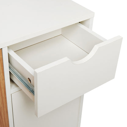 Modern Storage Cabinet, White and Oak Color Matching, 3 Doors and Single Drawer