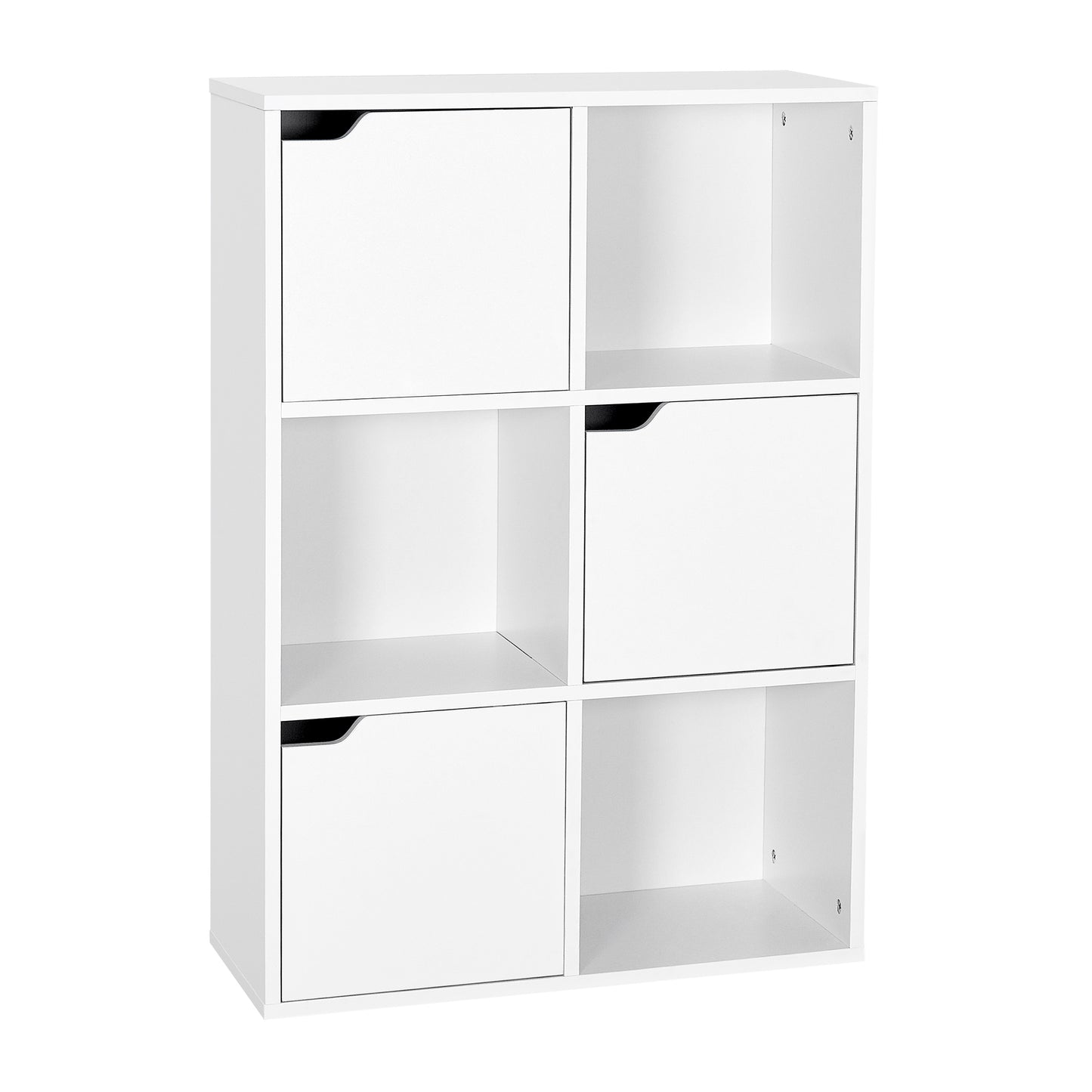 Bookcase,  White and Wood, Six Compartments with Three Doors