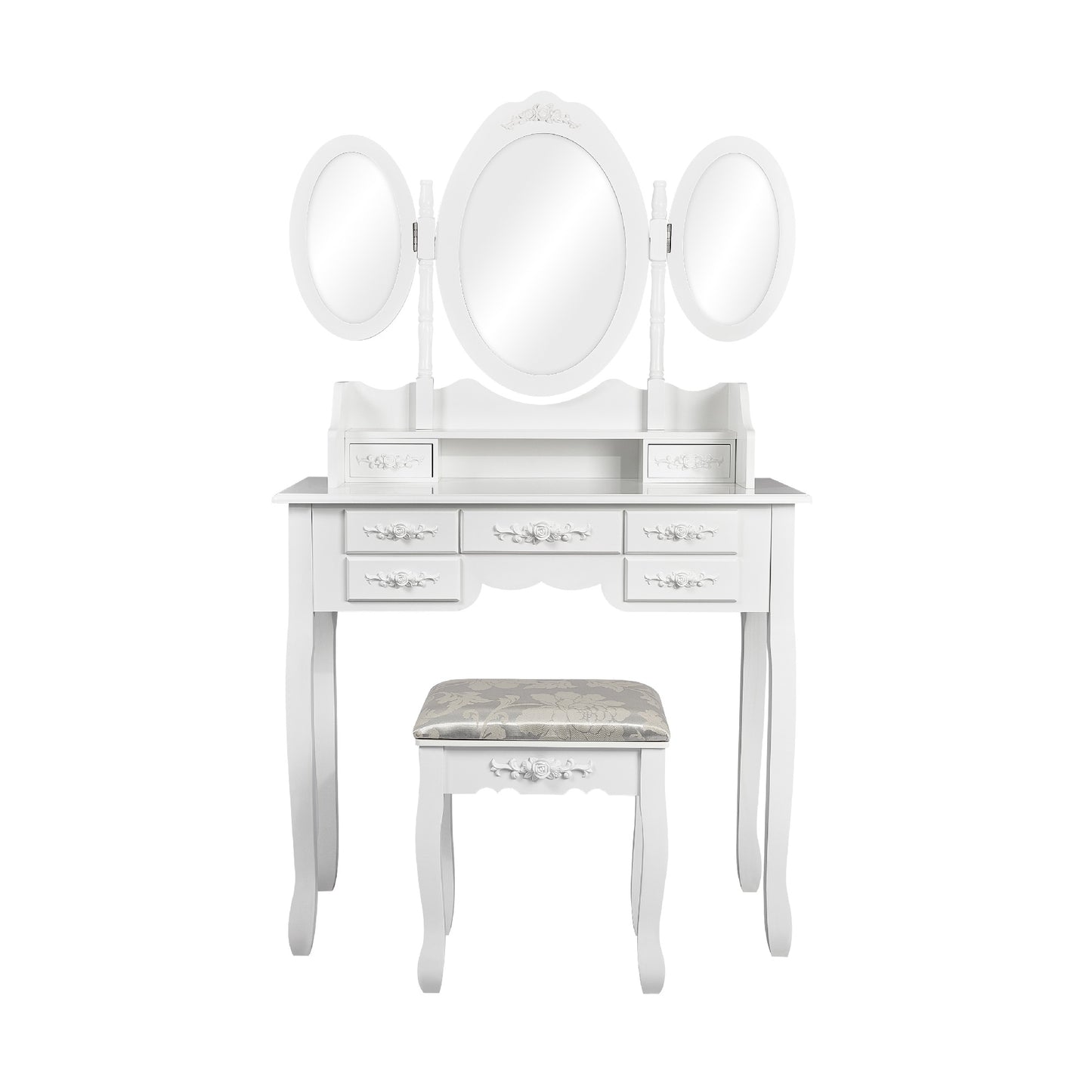 Modern Dressing Table, White Color, with 3 Rotating Mirrors and Stool