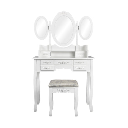Modern Dressing Table, White Color, with 3 Rotating Mirrors and Stool