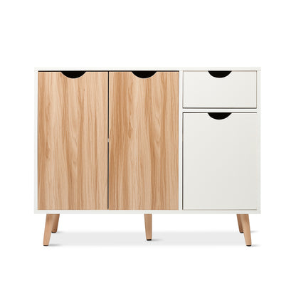 Modern Storage Cabinet, White and Oak Color Matching, 3 Doors and Single Drawer