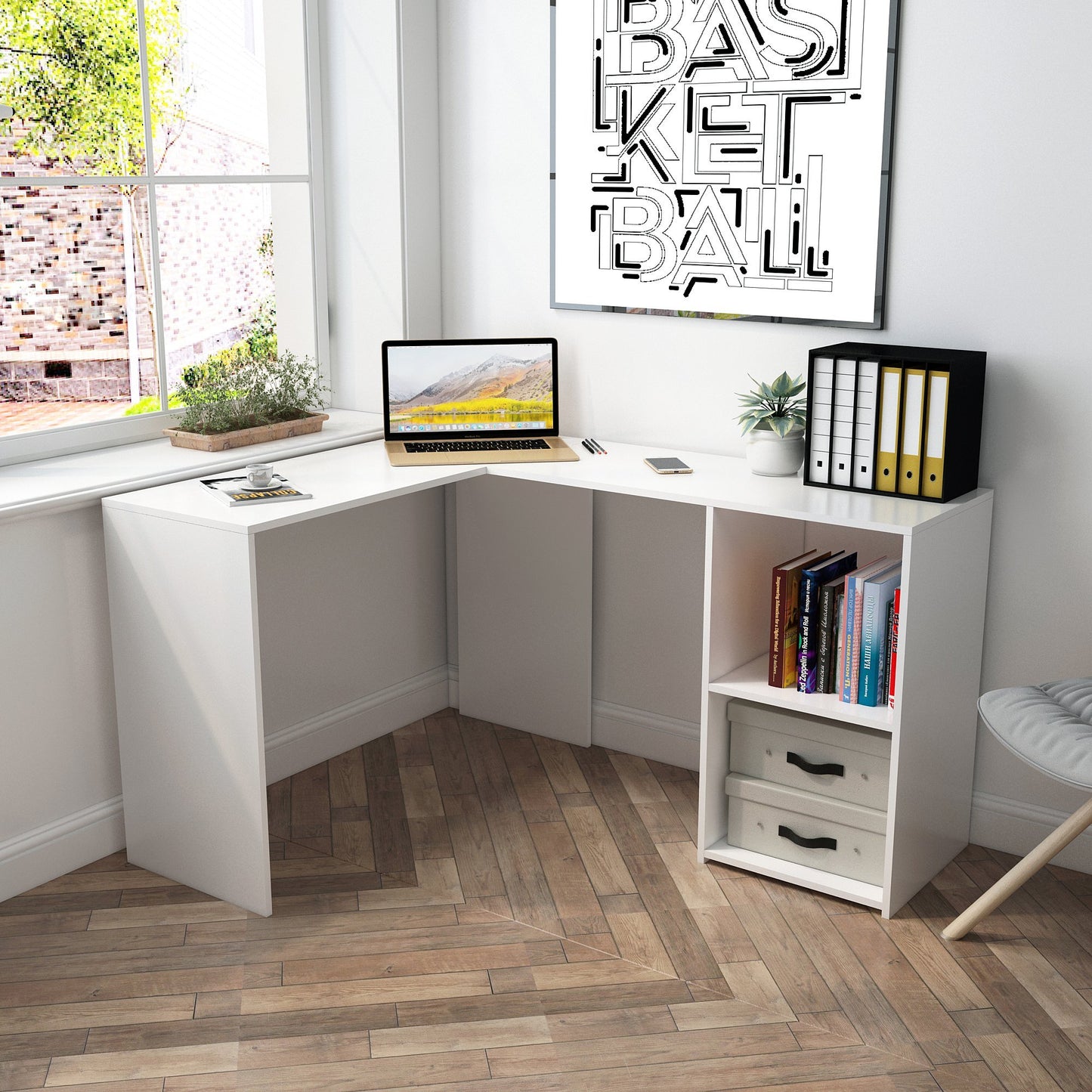 L-shaped Computer Desk, White/Black Color, 2 Storage Compartments