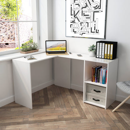 L-shaped Computer Desk, White/Black Color, 2 Storage Compartments