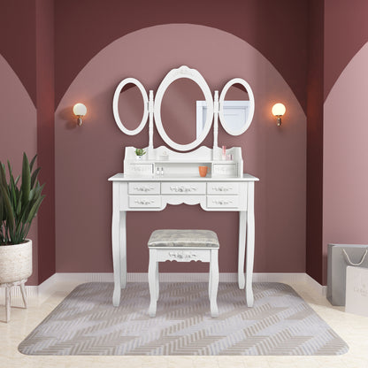 Modern Dressing Table, White Color, with 3 Rotating Mirrors and Stool