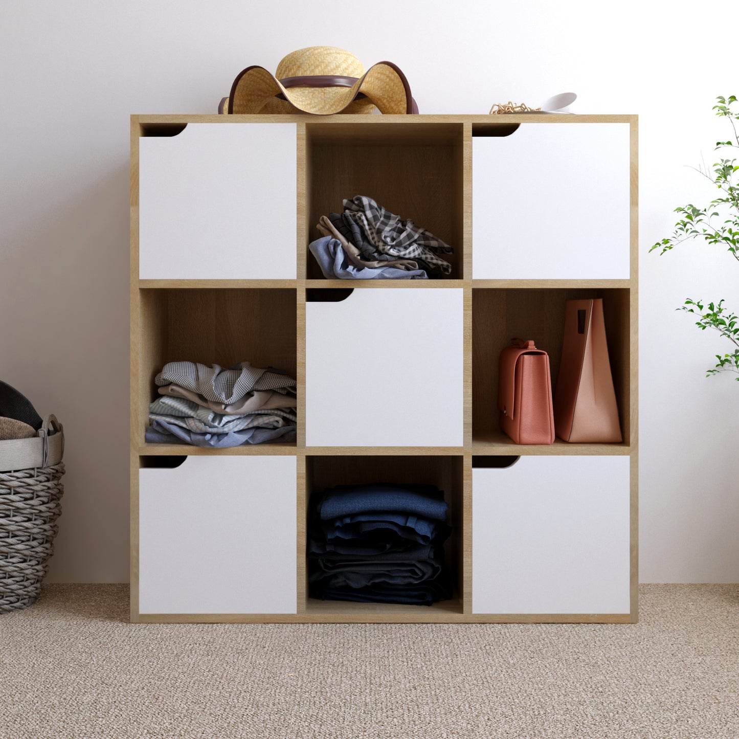 Modern Bookcase, 9 Opening Storage Cubes and Doors