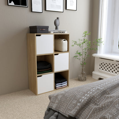 Bookcase,  White and Wood, Six Compartments with Three Doors