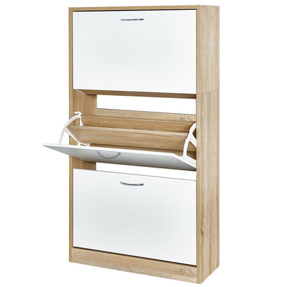 Modern Shoe Rack, Brown/Natural/White Color, 3 Drawer Flaps