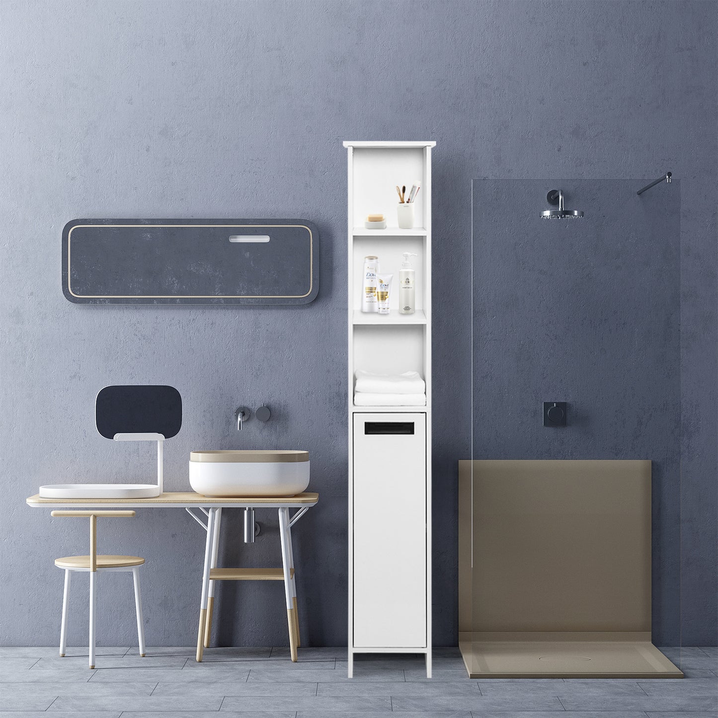 High Bathroom Cabinet, White Color, Single Raw, 3 Storage Shelves