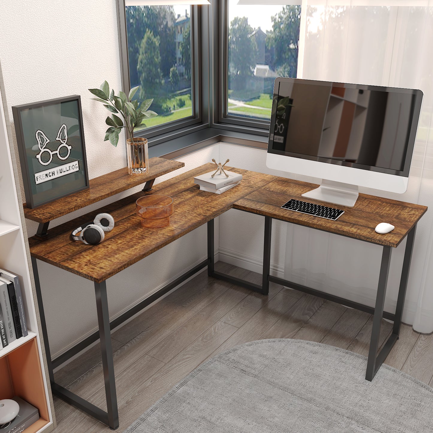 Retro Industrial Computer Table£¬L-shaped, with Monitor Stand