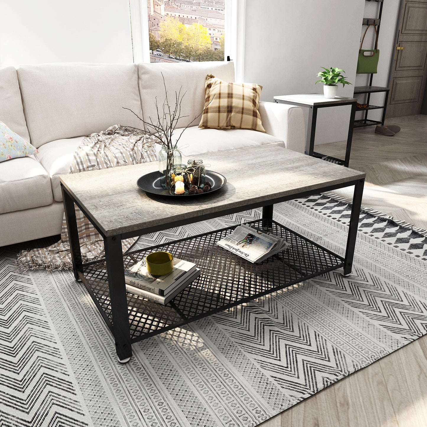 Retro Industrial Coffee Table, Antique / Warm Grey Wood Grain Color