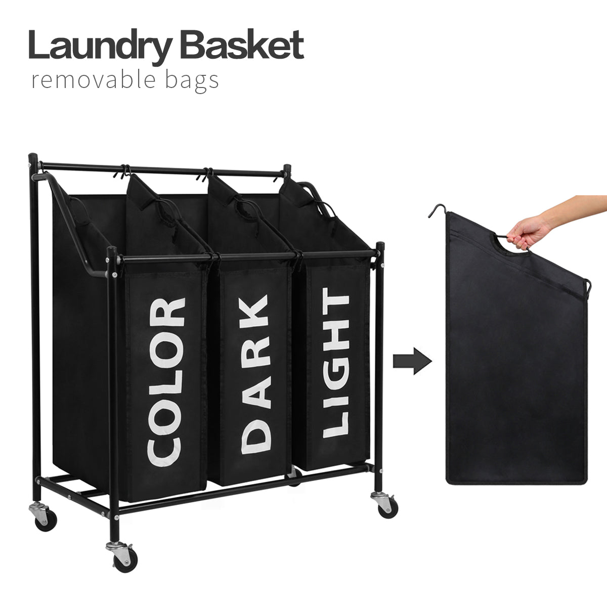 Laundry Bin in Black Color, Metal Pipe, 3 Laundry Sorters