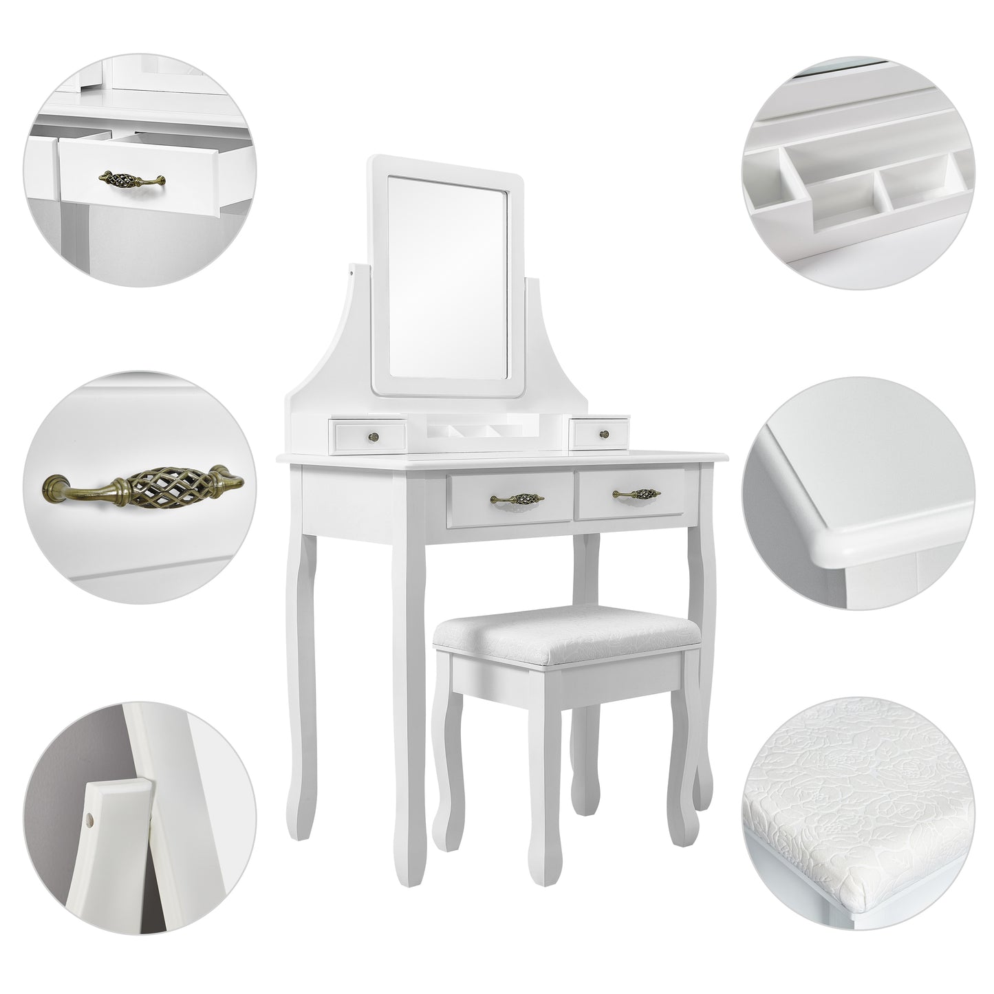 Classic Dressing Table, White Color, with a Large Mirror and Stool